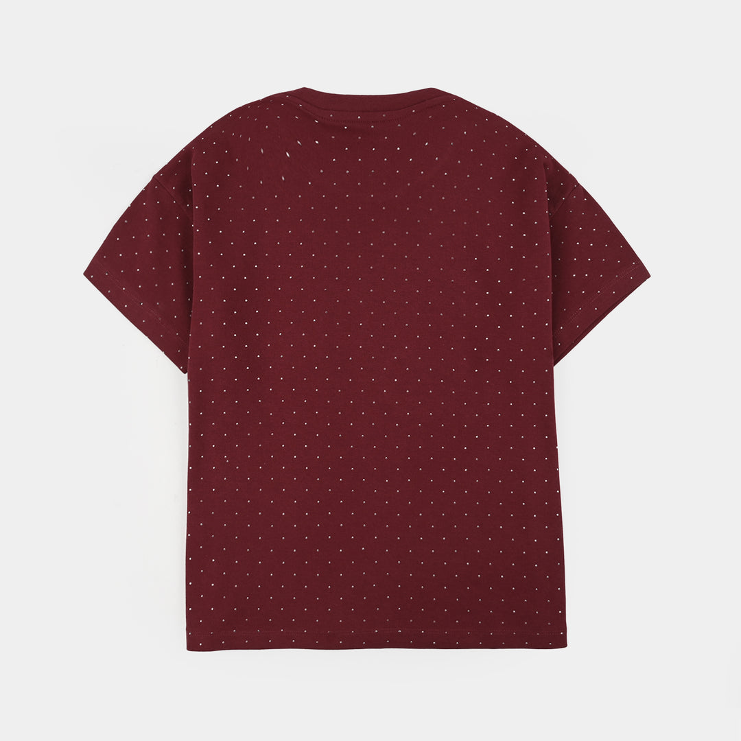 Girls Cotton Jersey T-Shirt Studs-RED