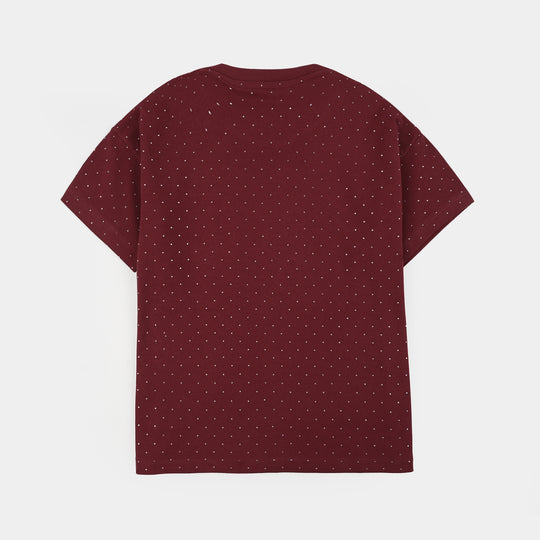 Girls Cotton Jersey T-Shirt Studs-RED
