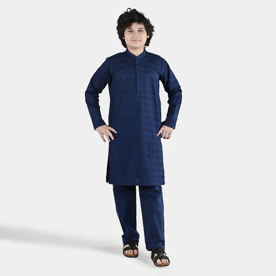 Boys Cotton Poplin Kurta Pajama (Chicken Kari) - Blue