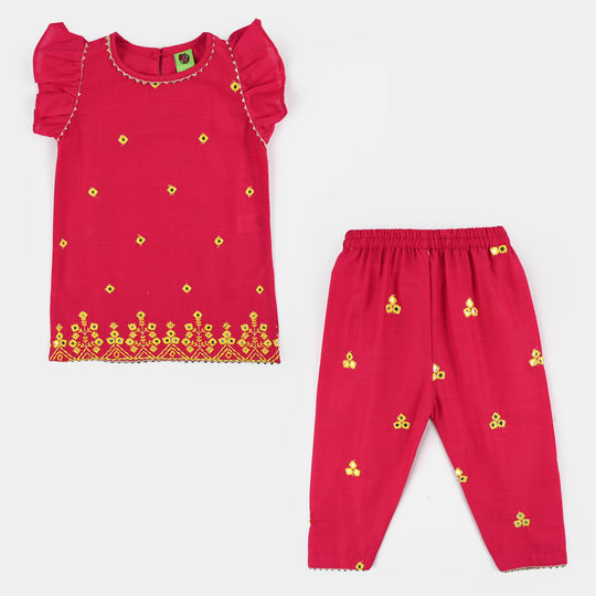 Infant Girls Cotton Slub 2Pc Suit (Pari) - Shocking Pink