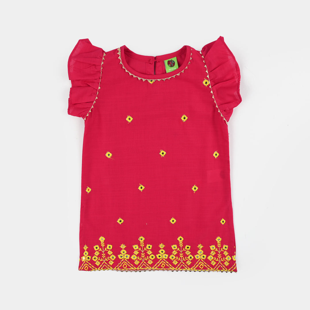 Infant Girls Cotton Slub 2Pc Suit (Pari) - Shocking Pink