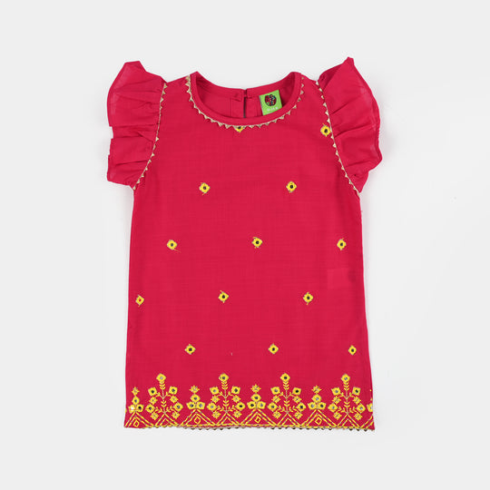 Infant Girls Cotton Slub 2Pc Suit (Pari) - Shocking Pink