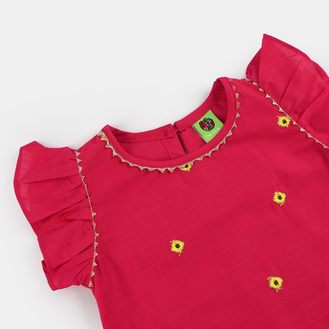 Infant Girls Cotton Slub 2Pc Suit (Pari) - Shocking Pink