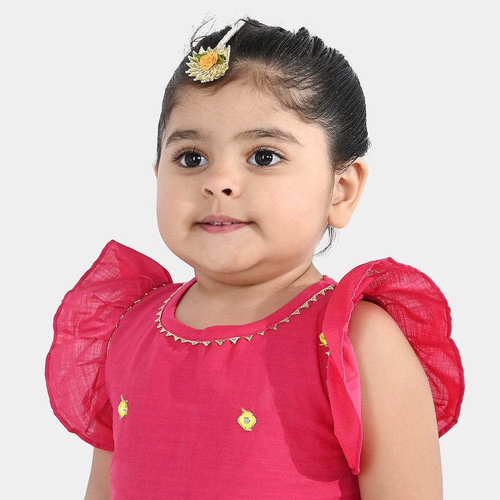Infant Girls Cotton Slub 2Pc Suit (Pari) - Shocking Pink
