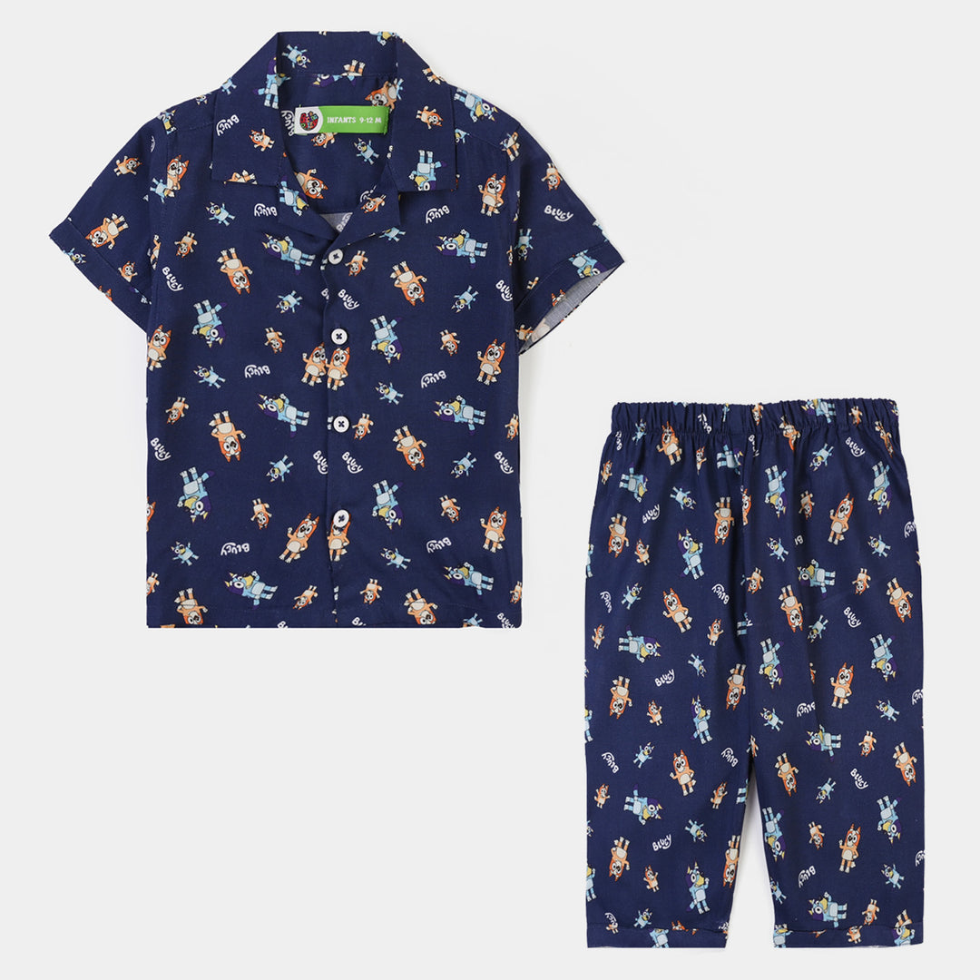 Infant Boys Viscose Nightwear Puppy Print Shirt & Trouser Set – Navy Blue