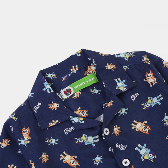 Infant Boys Viscose Nightwear Puppy Print Shirt & Trouser Set – Navy Blue