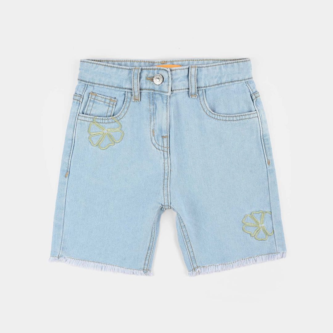 Girls Denim rigid Short Floral EMB-Ice.Blue