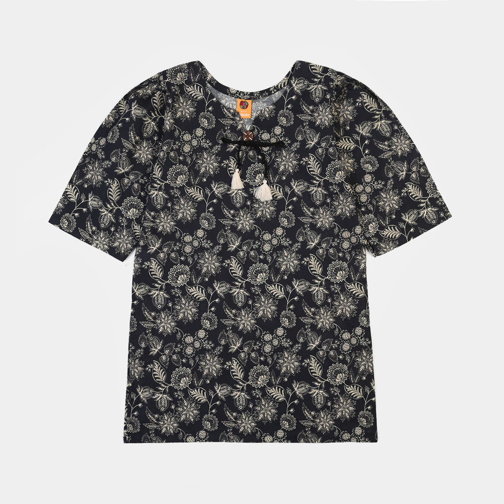 Girls Cotton Printed 2Pcs Mono Chrome-BLACK
