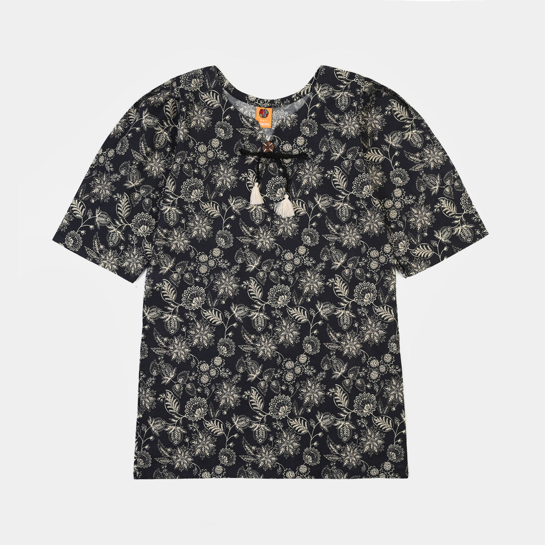 Girls Cotton Printed 2Pcs Mono Chrome-BLACK
