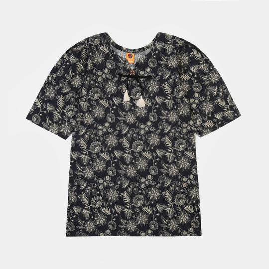 Girls Cotton Printed 2Pcs Mono Chrome-BLACK