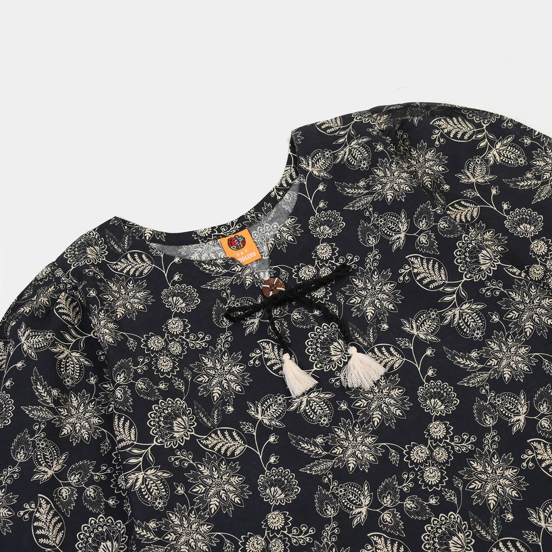 Girls Cotton Printed 2Pcs Mono Chrome-BLACK