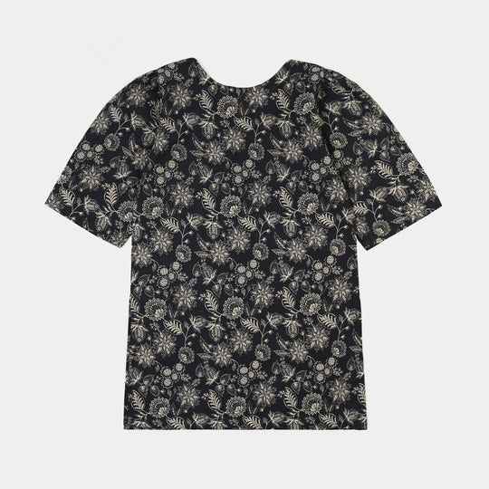 Girls Cotton Printed 2Pcs Mono Chrome-BLACK