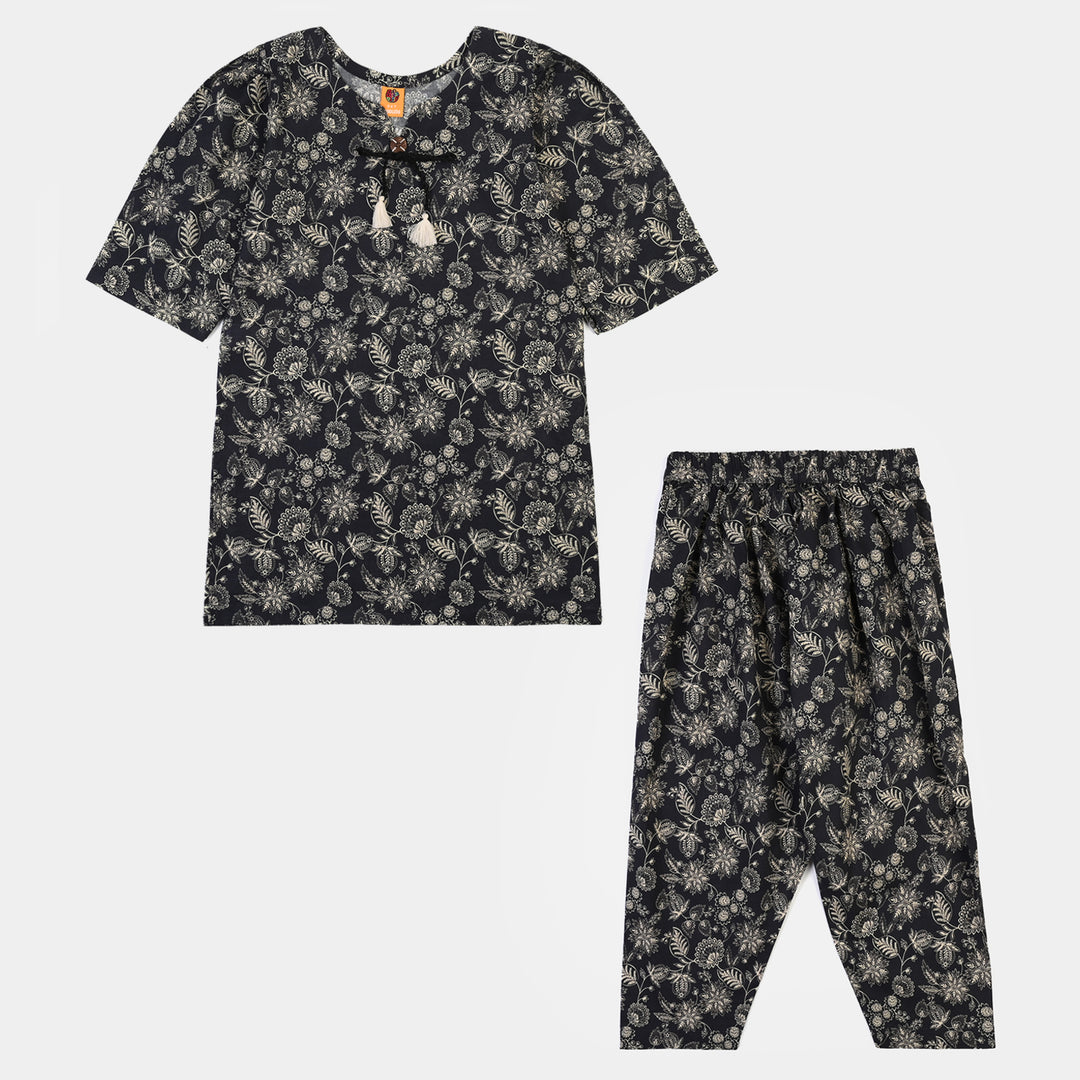 Girls Cotton Printed 2Pcs Mono Chrome-BLACK
