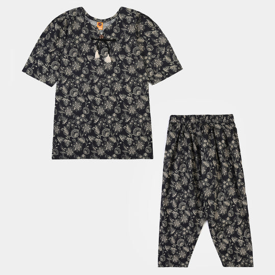Girls Cotton Printed 2Pcs Mono Chrome-BLACK