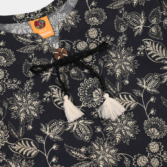 Girls Cotton Printed 2Pcs Mono Chrome-BLACK