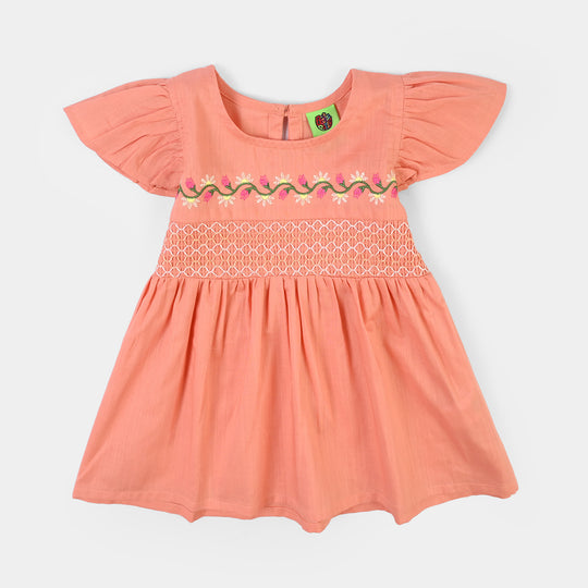 Infant Girls Cotton Slub Emb Frock Blooming - Peach