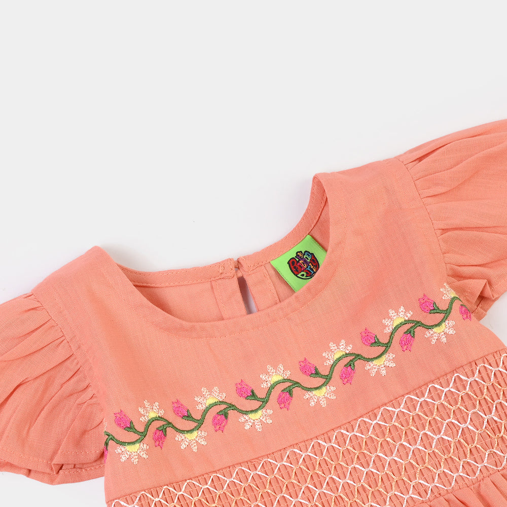 Infant Girls Cotton Slub Emb Frock Blooming - Peach