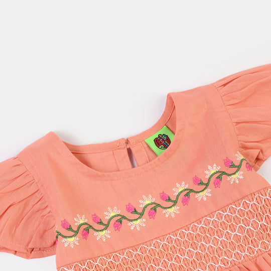 Infant Girls Cotton Slub Emb Frock Blooming - Peach
