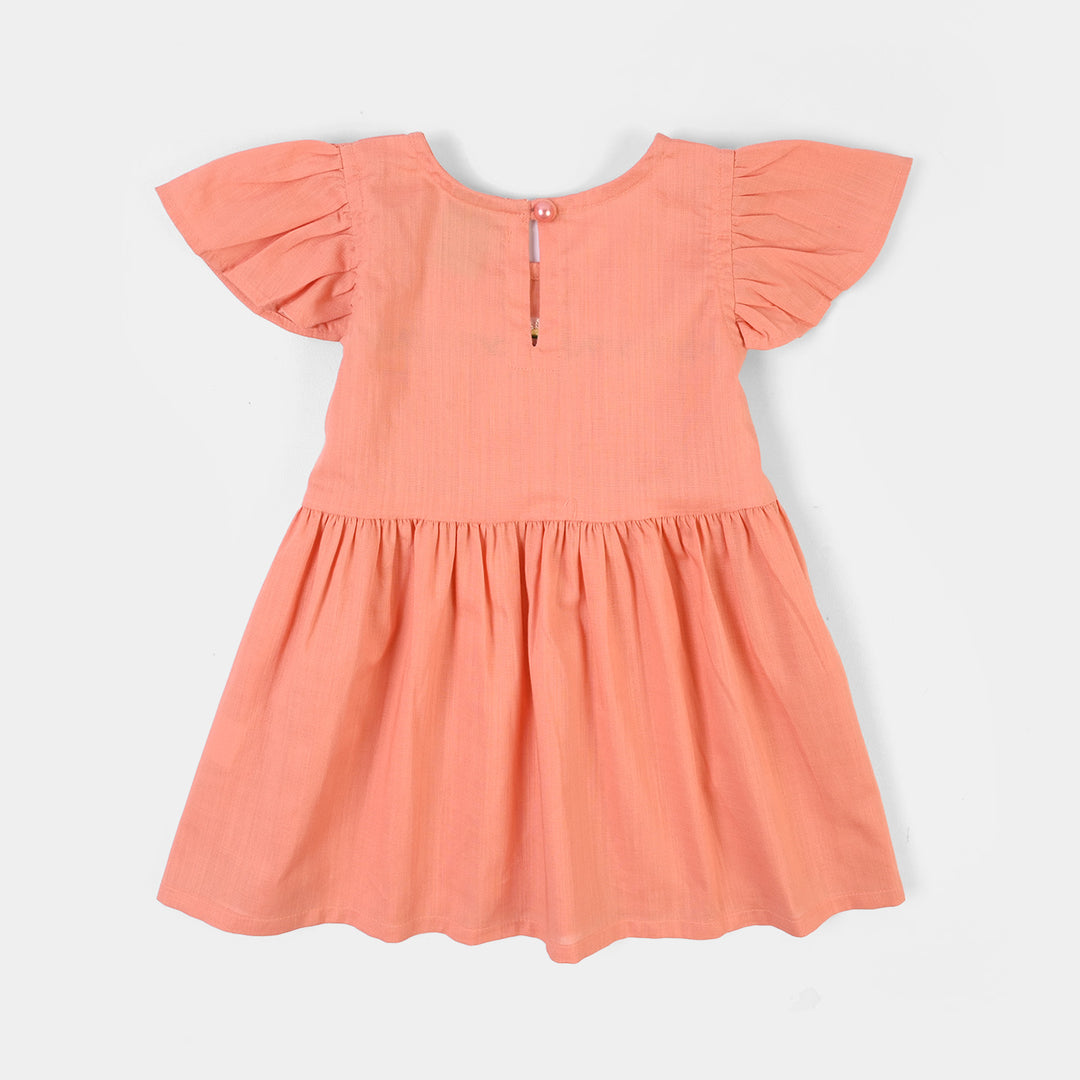 Infant Girls Cotton Slub Emb Frock Blooming - Peach