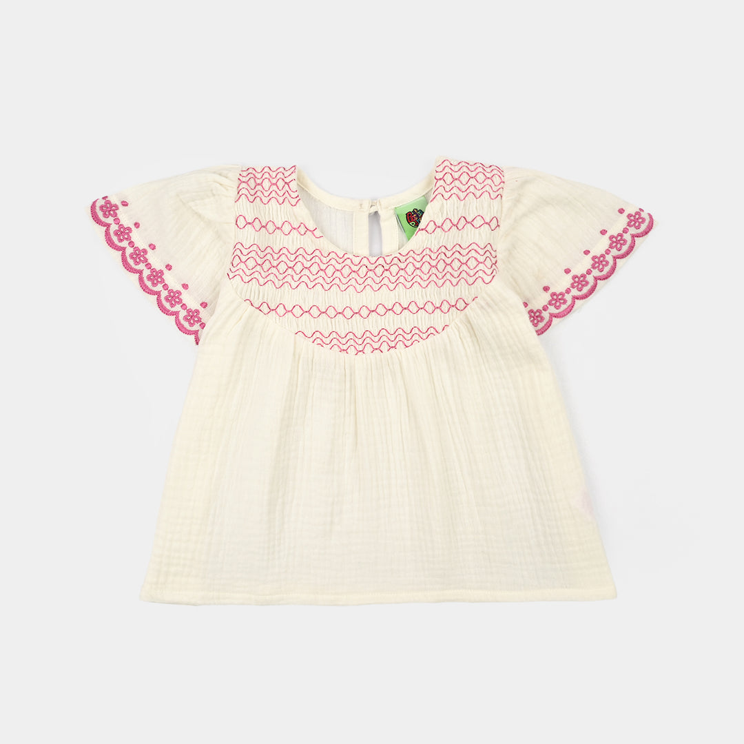 Infant Girls Cotton Slub Emb Top Melon-White