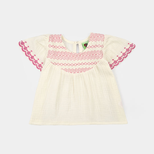 Infant Girls Cotton Slub Emb Top Melon-White