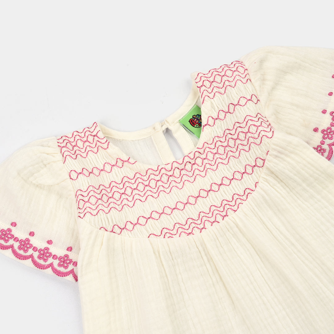 Infant Girls Cotton Slub Emb Top Melon-White