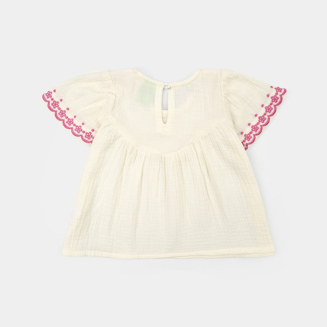 Infant Girls Cotton Slub Emb Top Melon-White