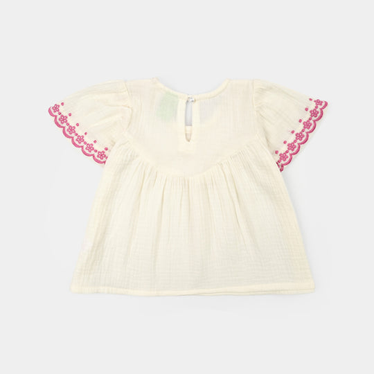 Infant Girls Cotton Slub Emb Top Melon-White