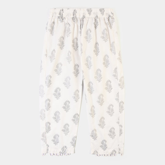 Girls Cotton Screen Print Straight Pant -WHITE