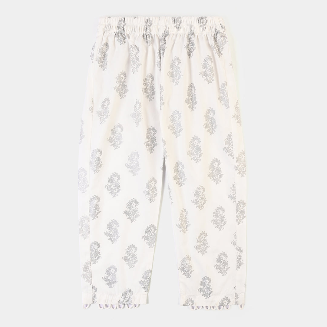 Girls Cotton Screen Print Straight Pant -WHITE
