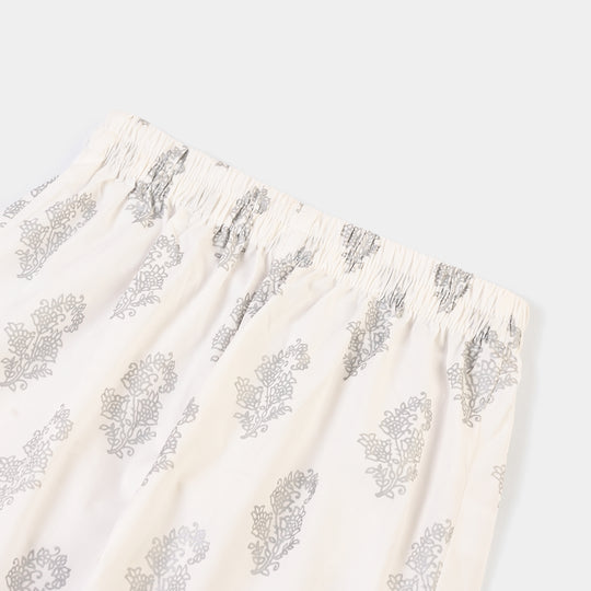 Girls Cotton Screen Print Straight Pant -WHITE