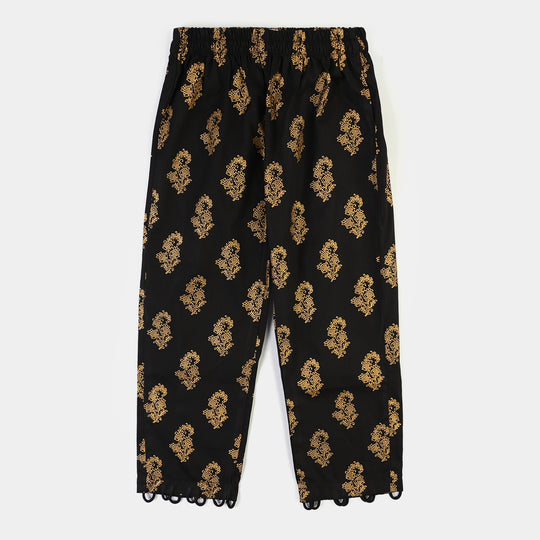 Girls Cotton Screen Print Straight Pant -BLACK