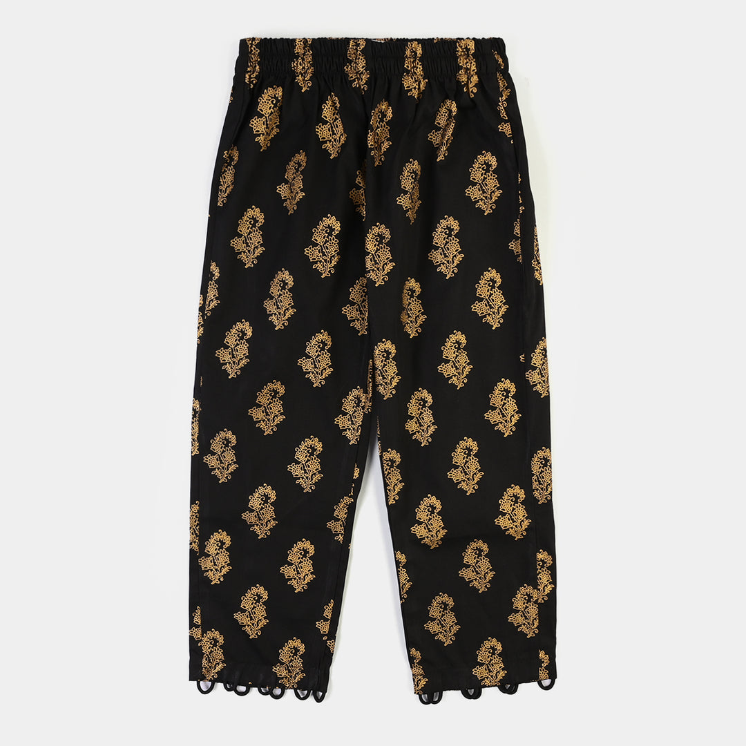 Girls Cotton Screen Print Straight Pant -BLACK