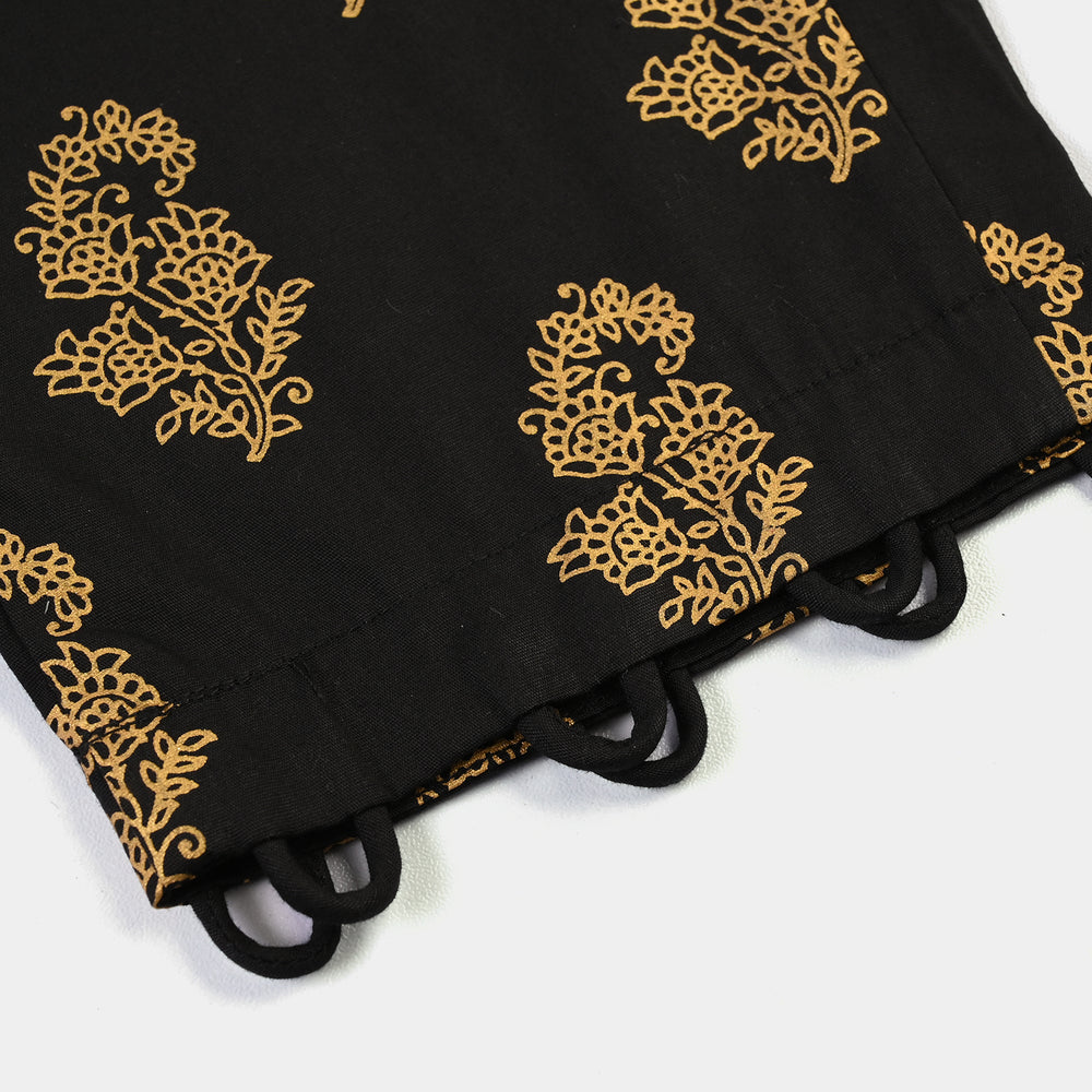 Girls Cotton Screen Print Straight Pant -BLACK