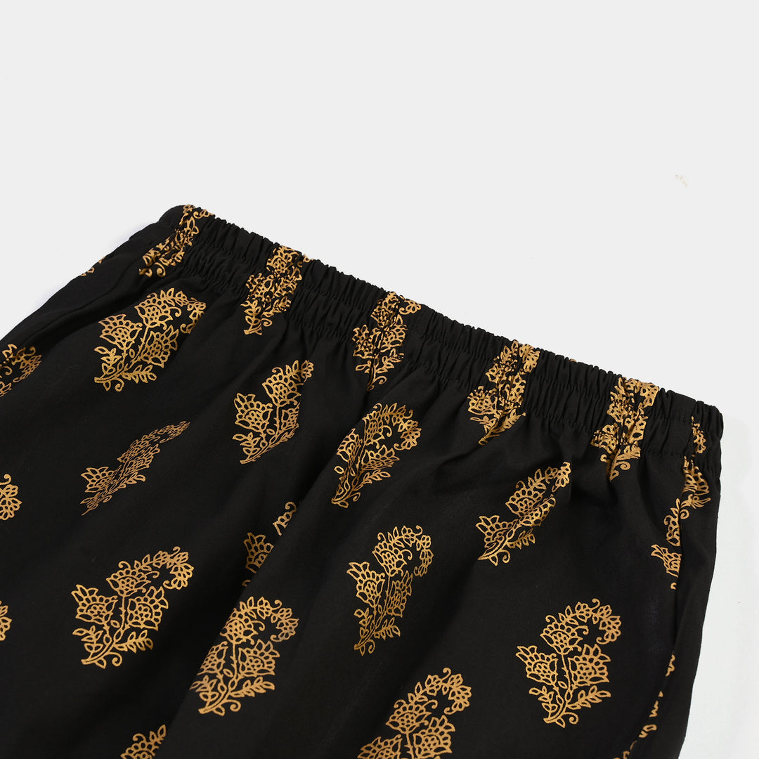 Girls Cotton Screen Print Straight Pant -BLACK