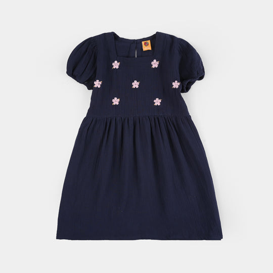 Girls Gauze Emb Frock Flowy-Navy Blue