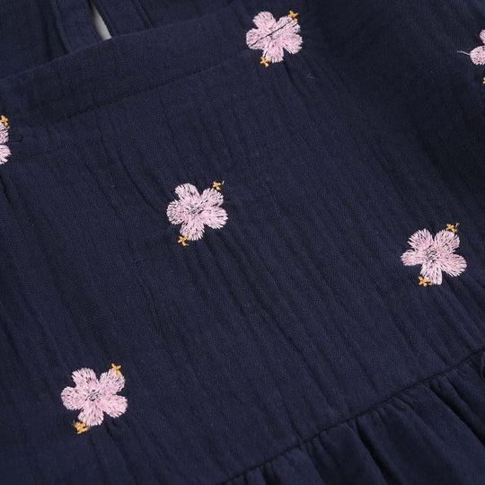 Girls Gauze Emb Frock Flowy-Navy Blue
