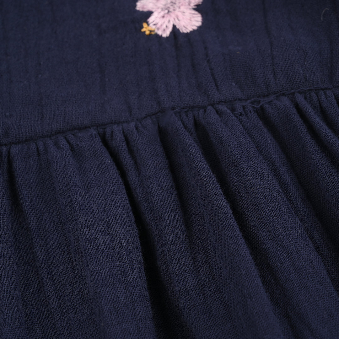 Girls Gauze Emb Frock Flowy-Navy Blue