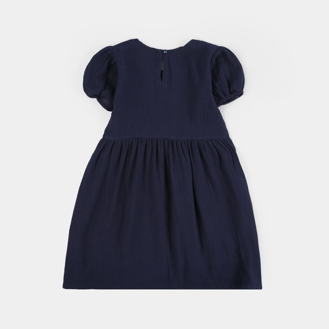Girls Gauze Emb Frock Flowy-Navy Blue