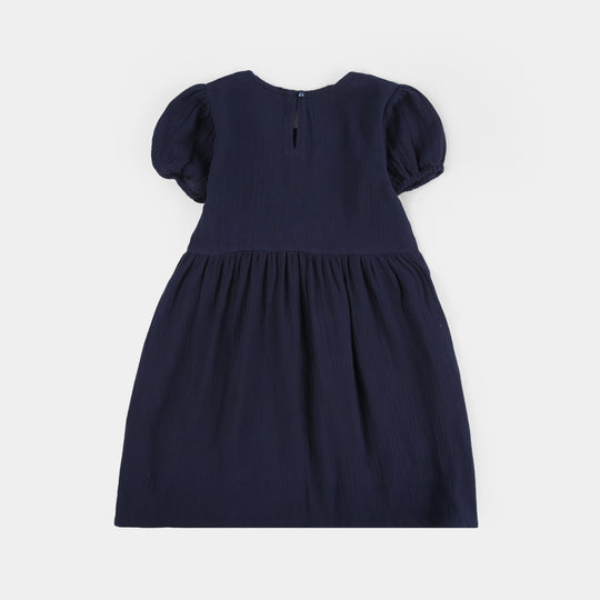Girls Gauze Emb Frock Flowy-Navy Blue