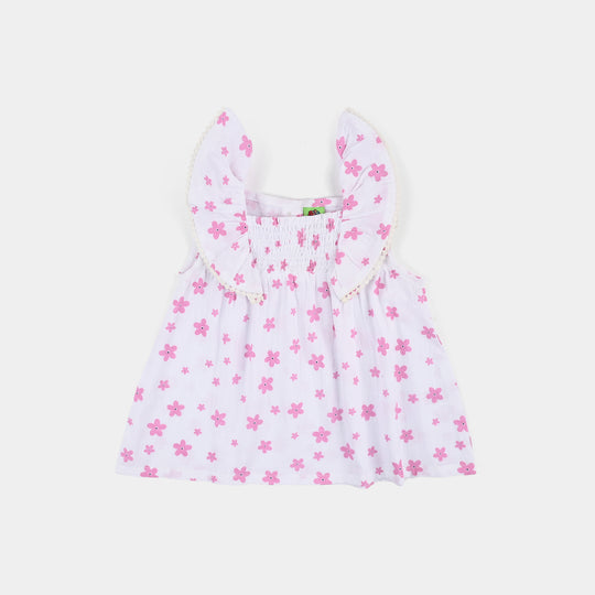Infant Girls Cotton Casual Frock Pink Flower - WHITE