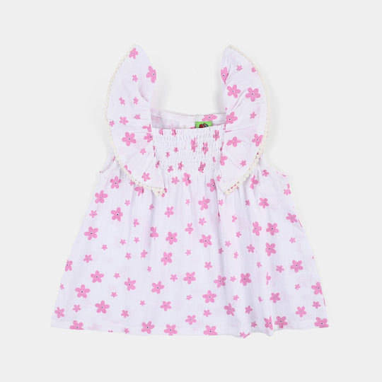 Infant Girls Cotton Casual Frock Pink Flower - WHITE