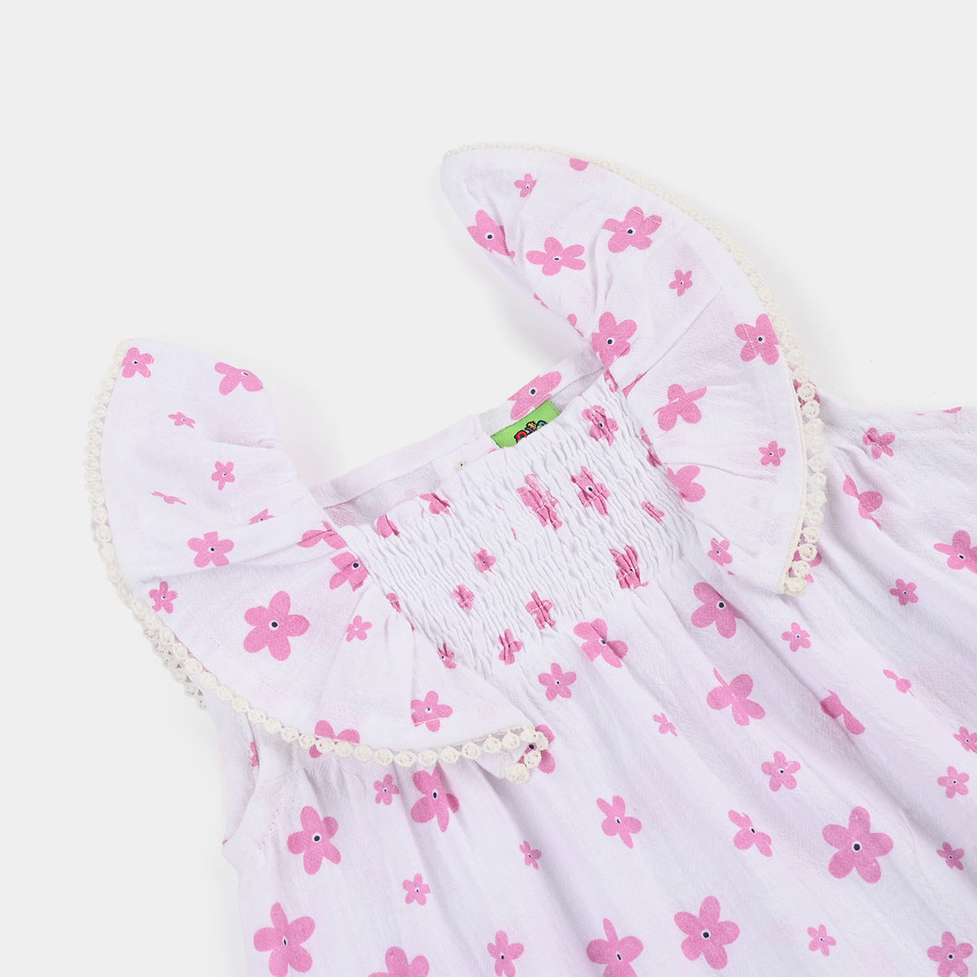 Infant Girls Cotton Casual Frock Pink Flower - WHITE