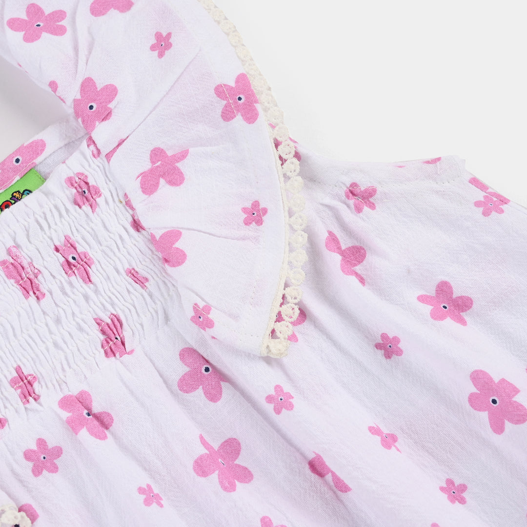 Infant Girls Cotton Casual Frock Pink Flower - WHITE