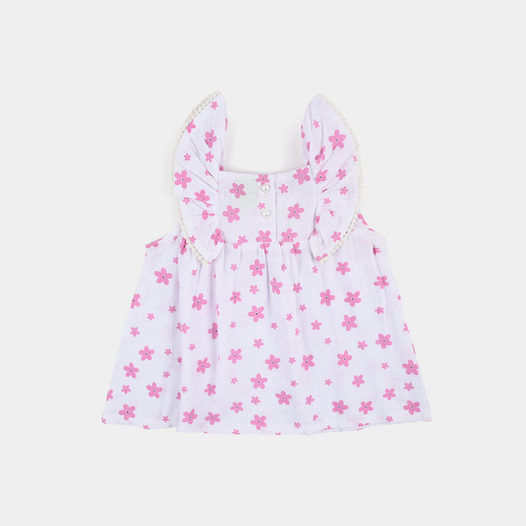 Infant Girls Cotton Casual Frock Pink Flower - WHITE