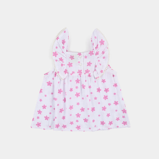 Infant Girls Cotton Casual Frock Pink Flower - WHITE