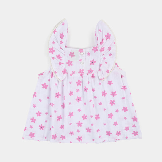 Infant Girls Cotton Casual Frock Pink Flower - WHITE