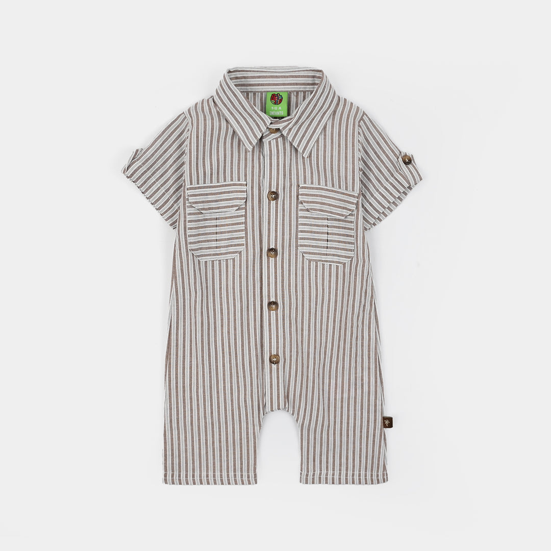 Infant Boys Yarn Dyed Woven Romper Linear - White/Brown