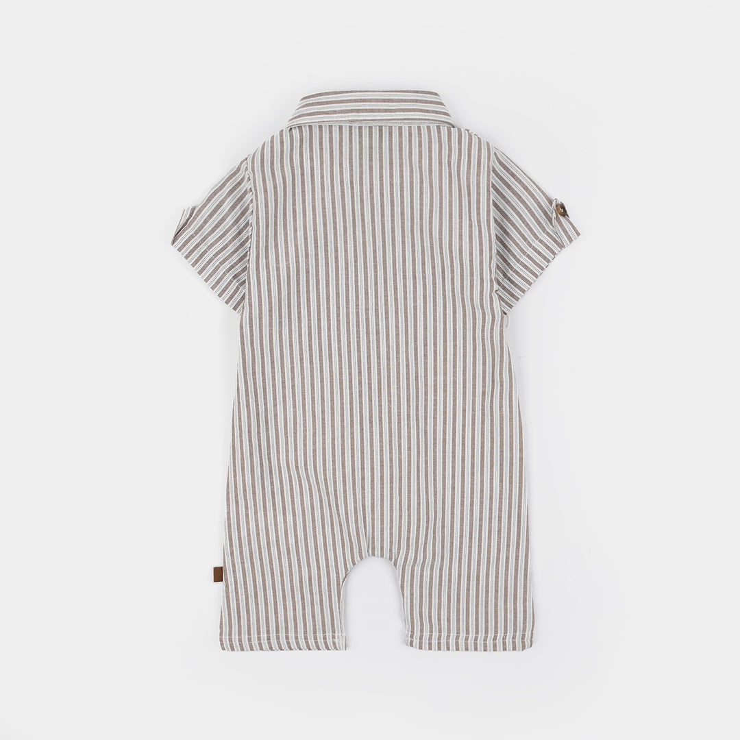 Infant Boys Yarn Dyed Woven Romper Linear - White/Brown