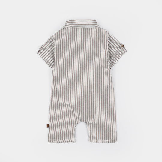 Infant Boys Yarn Dyed Woven Romper Linear - White/Brown